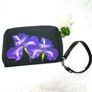 Harold Feinstein Graphic Purple Iris Black Wallet Wristlet Gingham Lining NEW